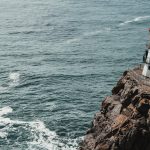 lonely lighthouse on high cliff above ocean