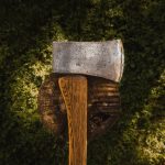 brown hatchet on log